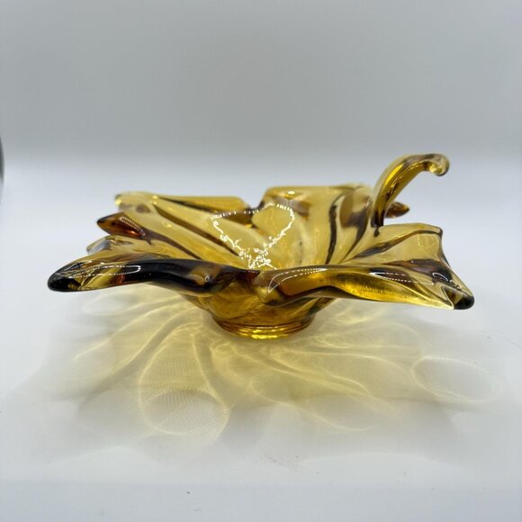 Vintage Amber Glass Leaf Bowl Fall Decor, Murano Style Art Glass Dish 1950s - 70 - Picture 3 of 7